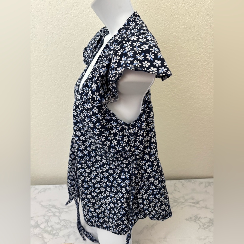 Old Navy Short Sleeve Blouse Top Women’s S Shirt Floral Flower Blue Waist Tie​ - Picture 2 of 5